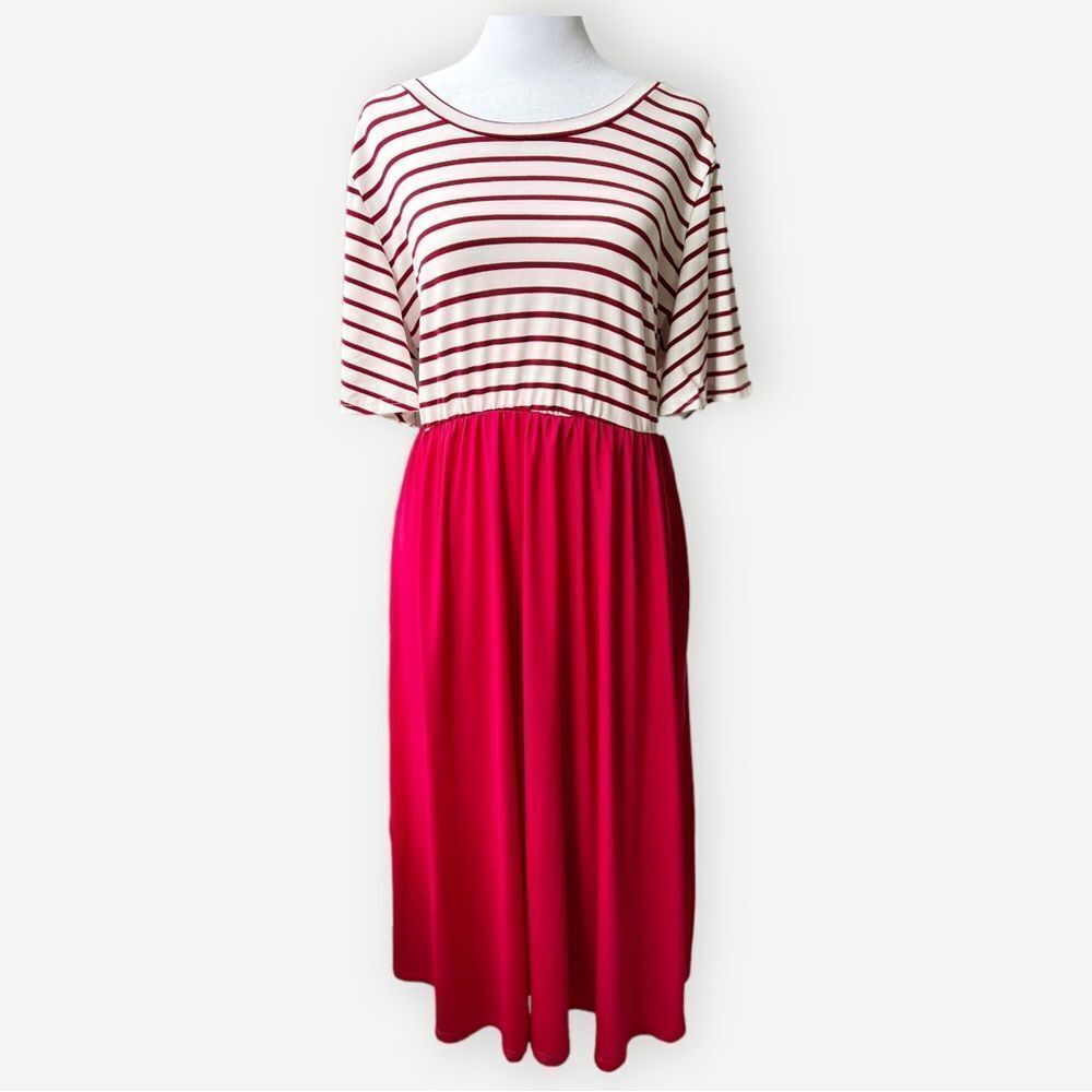 Akalnny Short Sleeve Red Striped A-Line Tie Back Flowy Maxi Dress. 2X Plus.